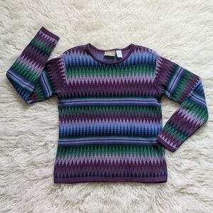 Women's Vintage Liz Claiborne Purple Green Blue Zigzag Cotton Sweater Medium